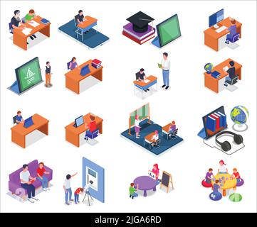 Homeschooling 3d isometric icons set with online classes and parents teaching their children isolated vector illustration Stock Vector