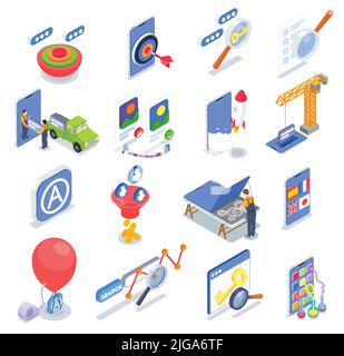 Application store optimization isometric set with 3d search growth design development profit icons isolated vector illustration Stock Vector