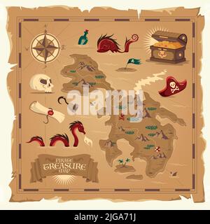 Pirate treasure map on old parchment with skull hand hook wooden chest floating bottle cartoon elements vector illustration Stock Vector