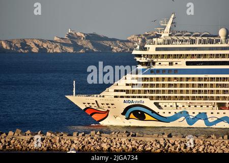 Marseille, France. 07th July, 2022. The liner AIDAstella cruise ship arrives at the French Mediterranean port of Marseille. (Photo by Gerard Bottino/SOPA Images/Sipa USA) Credit: Sipa USA/Alamy Live News Stock Photo