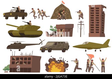 War flat icon set with destroyed buildings military tanks explosions helicopters and military aircraft vector illustration Stock Vector