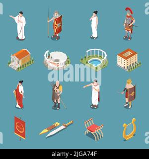 Roman empire icons set with military uniform and architecture symbols isometric isolated vector illustration Stock Vector