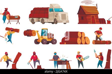 Lumberjack work equipment machinery cartoon set with loggers sawing wood chopping down felling transporting trees vector illustration Stock Vector