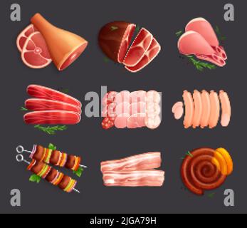 Meat products set of flat icons with ripe meat and food images sausages steaks and kebab vector illustration Stock Vector