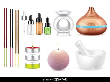 Aromatherapy set with realistic bottles of essential oil burning candles mortar aroma lamp burner and colorful joss sticks isolated vector illustratio Stock Vector