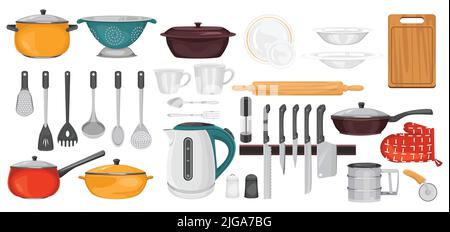 Kitchen utensil kitchenware set with icons of cups knives and frying pans with pots and plates vector illustration Stock Vector