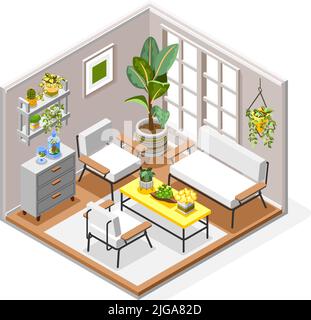 Plants concept with houseplants and interior decoration isometric vector illustration Stock Vector