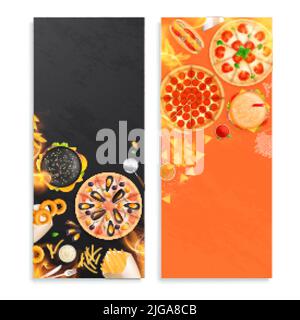 Two flat vertical banners with fast food dishes on textured black and orange background isolated vector illustration Stock Vector