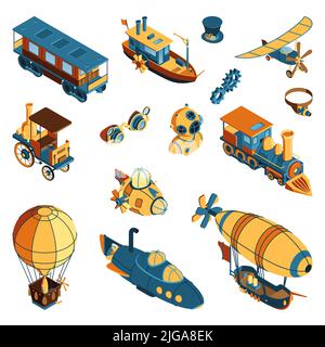 Retro isometric icons set in steampunk style with vintage car aircraft wagon aerostat submarine zeppelin isolated vector illustration Stock Vector