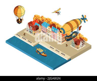 Cartoon composition in steampunk style with airship and airplane flying over city buildings isometric vector illustration Stock Vector