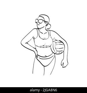 line art young female volleyball player standing with ball illustration vector hand drawn isolated on white background Stock Vector