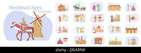 Medieval compositions flat set of isolated historical buildings and horse carriages with knight characters and castles vector illustration Stock Vector