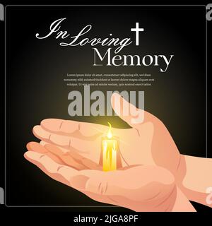In loving memory obituary poster with editable text and human hands holding burning candle realistic vector illustration Stock Vector