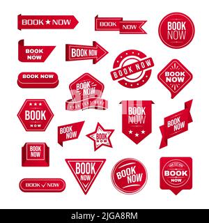 Book now set with buttons stamps ribbons and badges in red color isolated against white background vector illustration Stock Vector