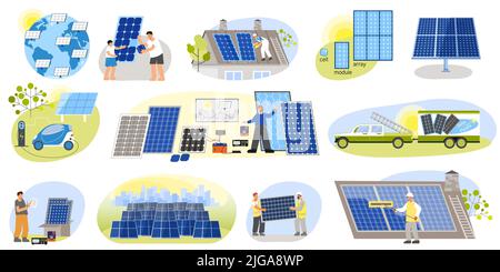 Solar energy set of flat isolated compositions with people electric vehicles house roofs with photovoltaic panels vector illustration Stock Vector