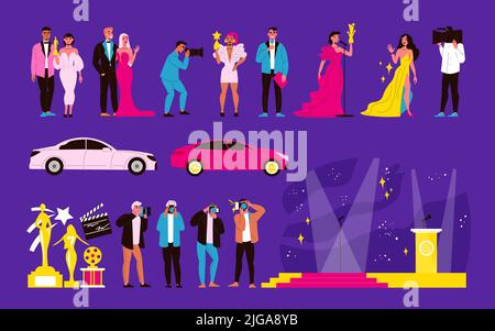 Film awards and celebrities color set with prize symbols flat isolated vector illustration Stock Vector
