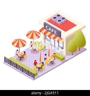 Restaurant street cafe isometric composition cafe with outdoor veranda with umbrellas and individual tables vector illustration Stock Vector