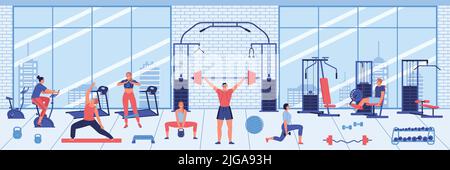 Gym interior horizontal background with people doing fitness exercises using sport simulators flat color vector illustration Stock Vector