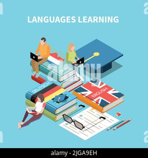 Language learning courses isometric composition with textbooks and students on colored background 3d vector illustration Stock Vector