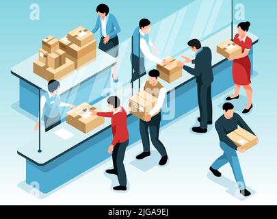 Post office horizontal background with working employees distributing parcels to incoming recipients isometric vector illustration Stock Vector