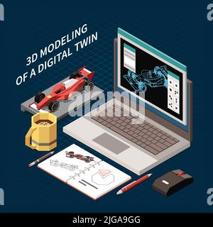 Isometric 3d modelling of race car digital twin composition with laptop sketchbook and model vector illustration Stock Vector