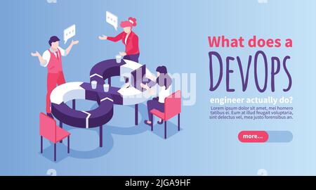 Devops engineer horizontal banner with team of specialists working at table in shape of infinity sign 3d isometric vector illustration Stock Vector