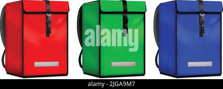 Courier delivery bags set with three realistic bright red green and blue backpacks isolated on white background vector illustration Stock Vector