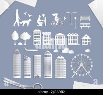 Paper city elements composition with images of sheets scissors and isolated icons of buildings park people vector illustration Stock Vector