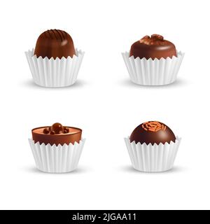 Set of four isolated realistic chocolate corrugated paper wrapper icons with choco candies on blank background vector illustration Stock Vector