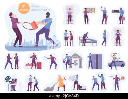 Criminals flat set of bandits and gangsters committing crimes in city streets and banks vector illustration Stock Vector