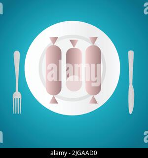 Frankfurters on a plate with fork and knife Stock Vector