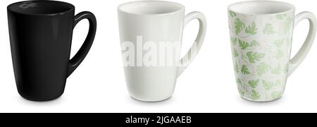 Set of three realistic empty black white and with floral pattern porcelain cups isolated on blank background vector illustration Stock Vector