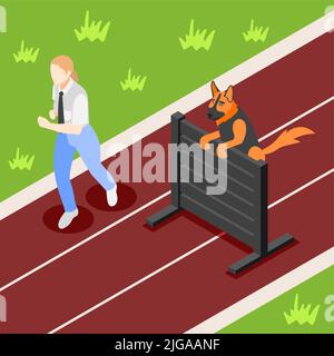 Dog school isometric background with outdoor scenery of running track and jogging trainer with jumping dog vector illustration Stock Vector