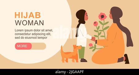 Hijab woman horiozntal banner with pastime symbols flat vector illustration Stock Vector