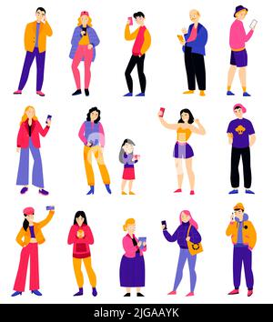 Set with isolated people smartphones color icons with doodle style human characters holding phones making selfies vector illustration Stock Vector