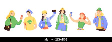People with smartphones set of teens making selfie calling by phone send messages isolated vector illustration Stock Vector
