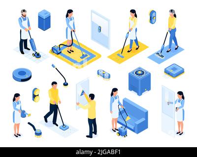 People hoovering and mopping different floorings carpets furniture washing windows and glasses with various cleaning gadgets isometric set isolated ve Stock Vector