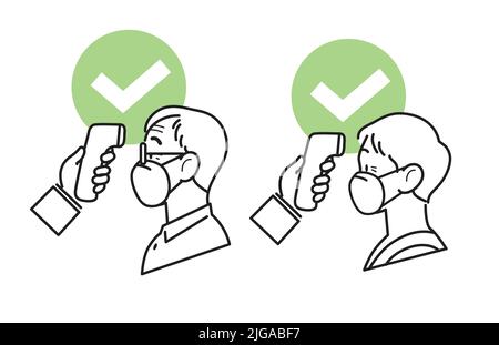 Covid19 coronavirus preventive measure line icons vector set. Body temperature check on old man and old woman wearing ffp2 masks. Stock Vector