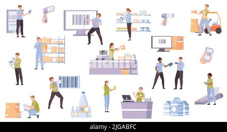 Flat set of men and women scanning barcode at checkout supermarket warehouse with scanners and smartphones isolated vector illustration Stock Vector