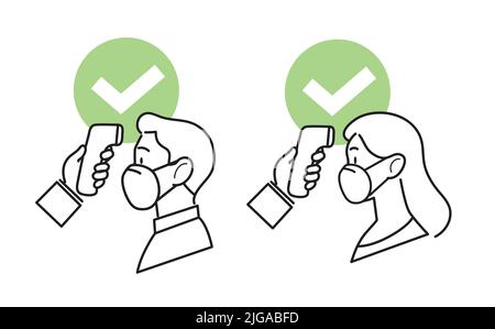 Covid19 coronavirus preventive measure line icons vector set. Body temperature check control. Hand holding non-contact infrared thermometer. Stock Vector