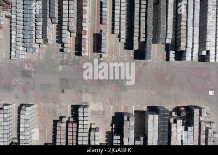 Cobblestones Factory. Aerial View of Industrial Place. Storage Place of Cobblestones Top View. Stock Photo