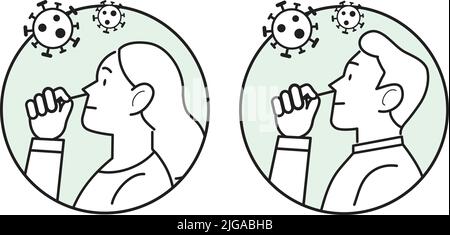 Covid19 coronavirus antigen self-test lien icon vector set. Woman and man holding nasal cotton swab from covid self test home kit. Covid antigen test. Stock Vector