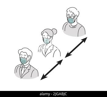 Covid19 coronavirus preventive measures line icon vector. Group of people wearing surgical masks keeping social distance or physical distance. Stock Vector