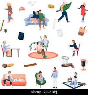 Cozy winter flat recolor set with isolated icons of items and people in festive christmas preparations vector illustration Stock Vector