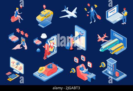 Online booking service isometric set with people using smartphone and computer for reservation of hotel car aircraft tickets in internet vector illust Stock Vector