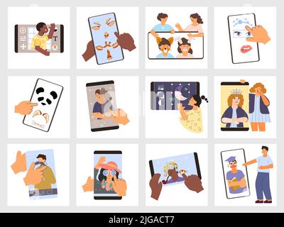 Photo edit set with square compositions of human hands and people working with picture editing apps vector illustration Stock Vector