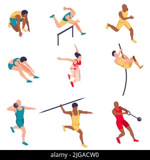 Sportsman athletics isometric set with isolated human characters of athletes with hurdle ropes and jumping barriers vector illustration Stock Vector