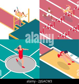 Sportsman athletics isometric 2x2 set of square compositions with stadium tracks and characters of active athletes vector illustration Stock Vector