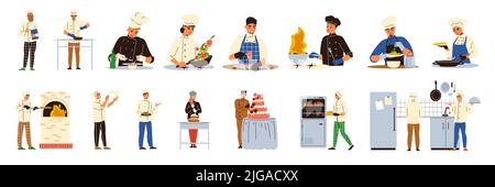 Cooking isolated flat icons on white background with professional cookers making pizza pastry cake saute vector illustration Stock Vector