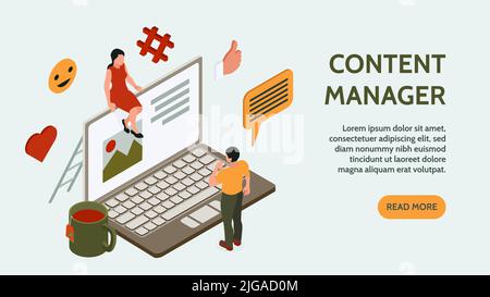 Content manager horizontal banner with program creation symbols isometric vector illustration Stock Vector